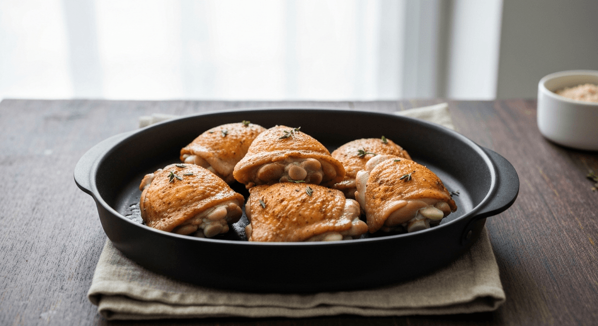 Air fryer chicken thighs with deeply browned, crispy skin resting on a plate with lemon wedges