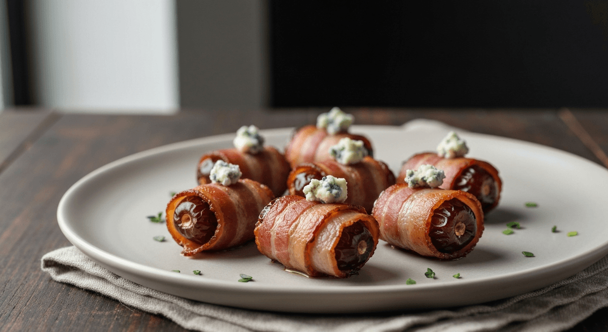 Bacon-Wrapped Dates with Blue Cheese: Sweet Medjool dates meet tangy blue cheese and crispy bacon in this flavor-packed appetizer. An irresistible combination that's sure to impress!