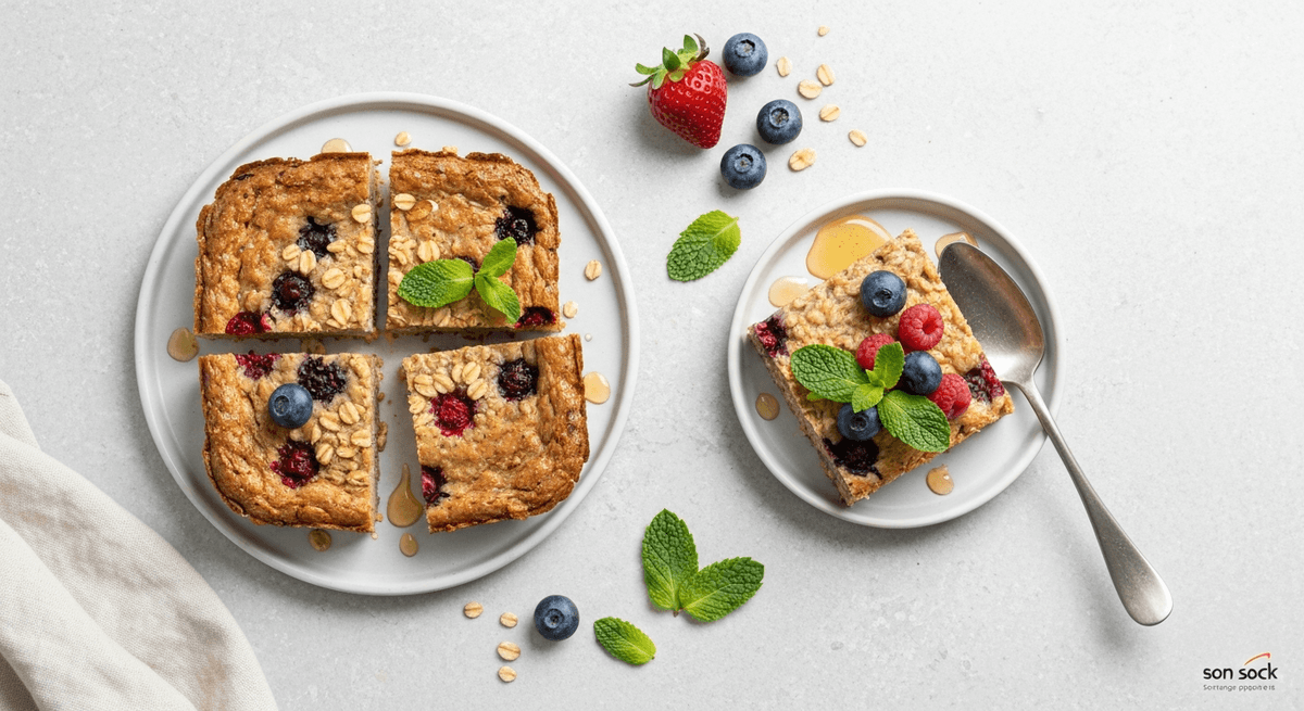 A pan of baked oatmeal cut into squares with banana and cinnamon aroma
