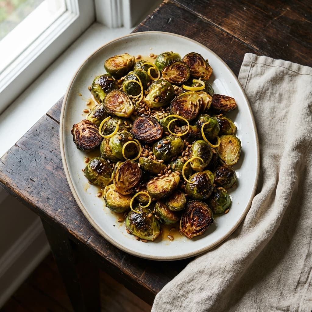 Charred sprouts with toasted sesame snap and sweet heat glaze.