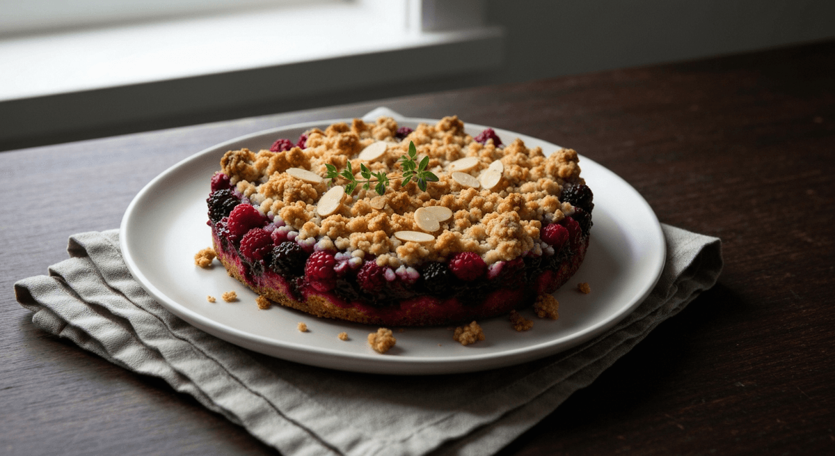 Berry Crumble — Mixed Berry Almond Topping: A warm, comforting berry crumble with a nutty almond twist. The perfect dessert for showcasing summer's fresh berries.