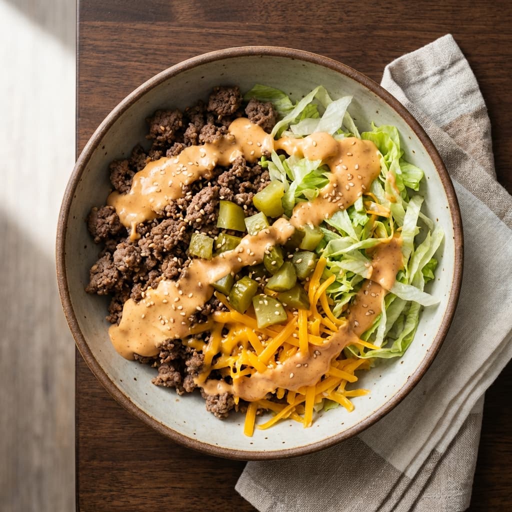 High-protein Big Mac-style bowl with lettuce, seasoned beef, pickles, cheese, and creamy sauce