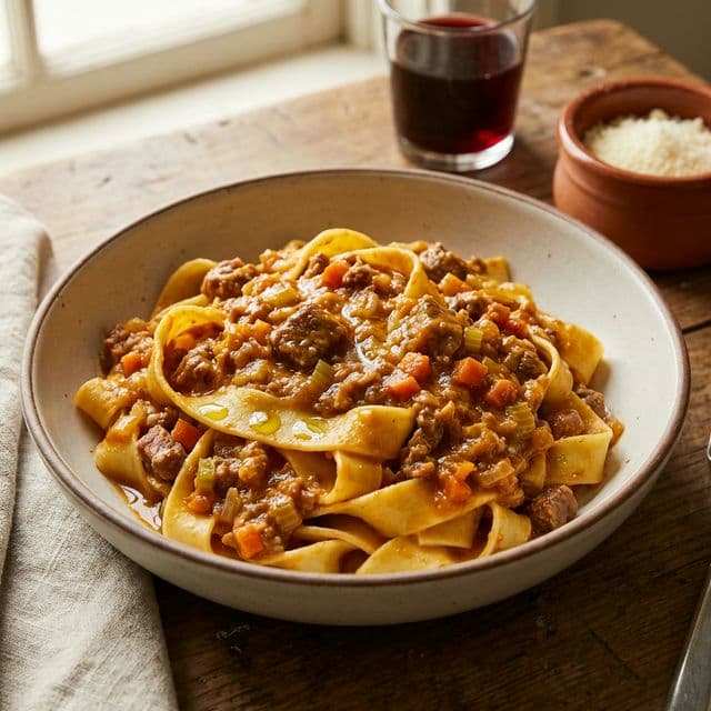 Authentic Ragu alla Bolognese: a thick, orange-brown meaty sauce with glistening fat droplets coating wide tagliatelle noodles.