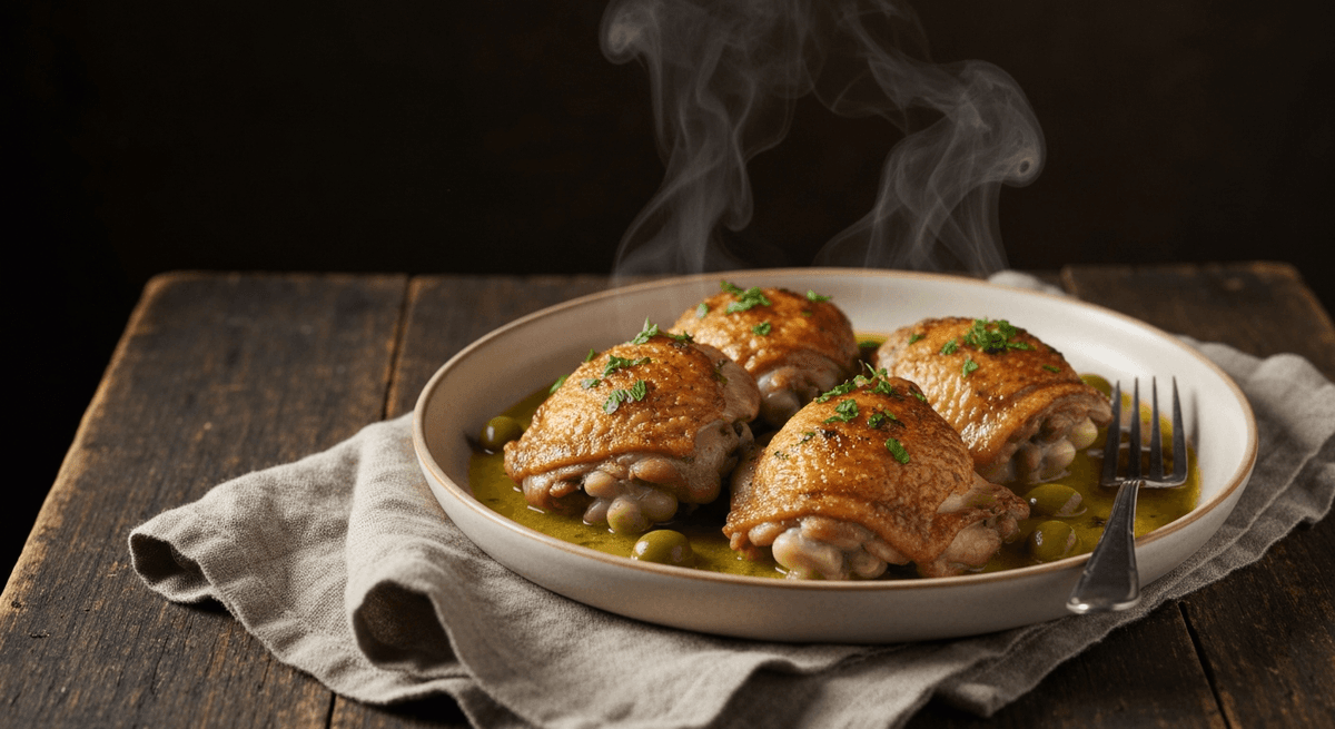 Braised Chicken Thighs — Lemon Olive: crispy skin, bright braise