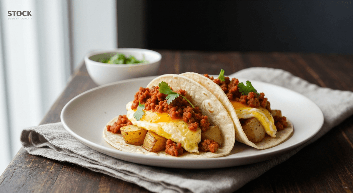 Breakfast Tacos — Chorizo, Egg & Potato: Wake up to a Tex-Mex fiesta with these breakfast tacos! Spicy chorizo, fluffy eggs, and crispy potatoes create a handheld delight that's ready in minutes.