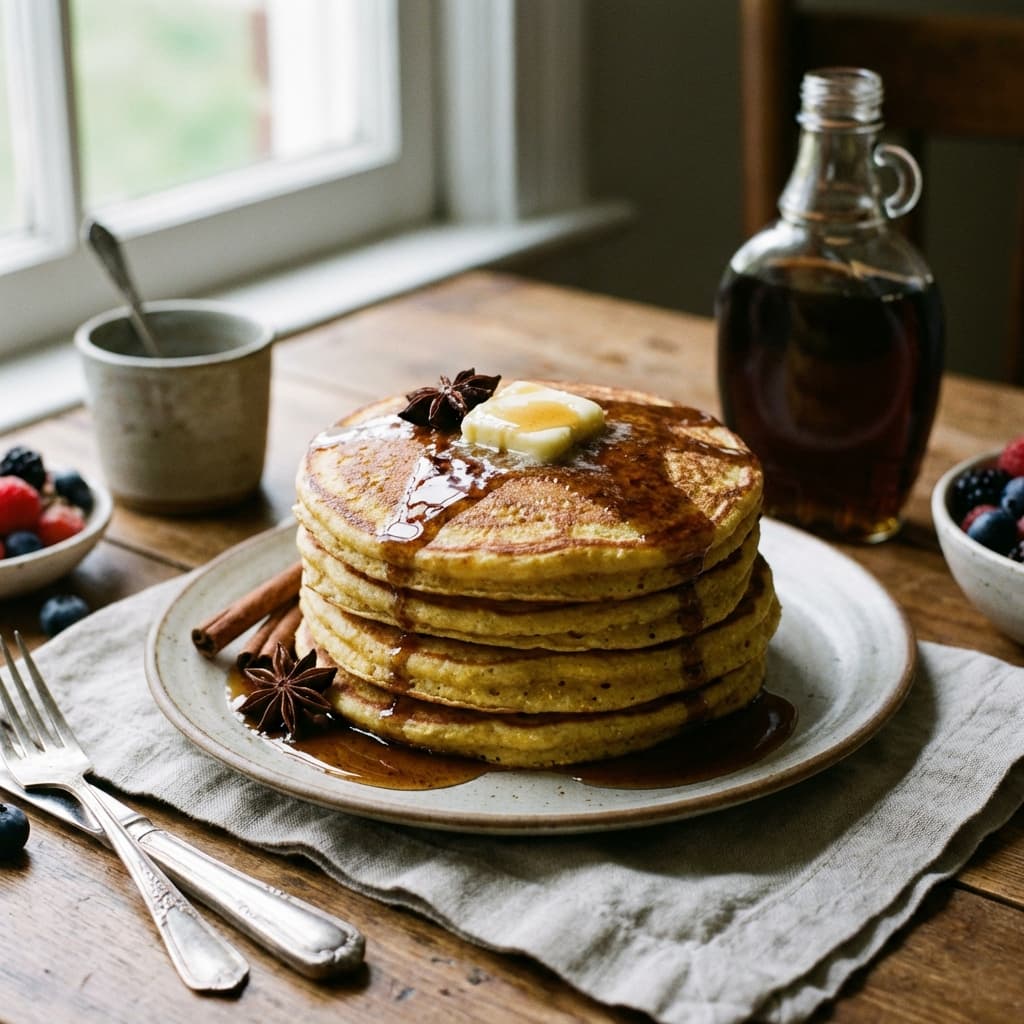 Buttermilk Cornmeal Pancakes with Spiced Syrup