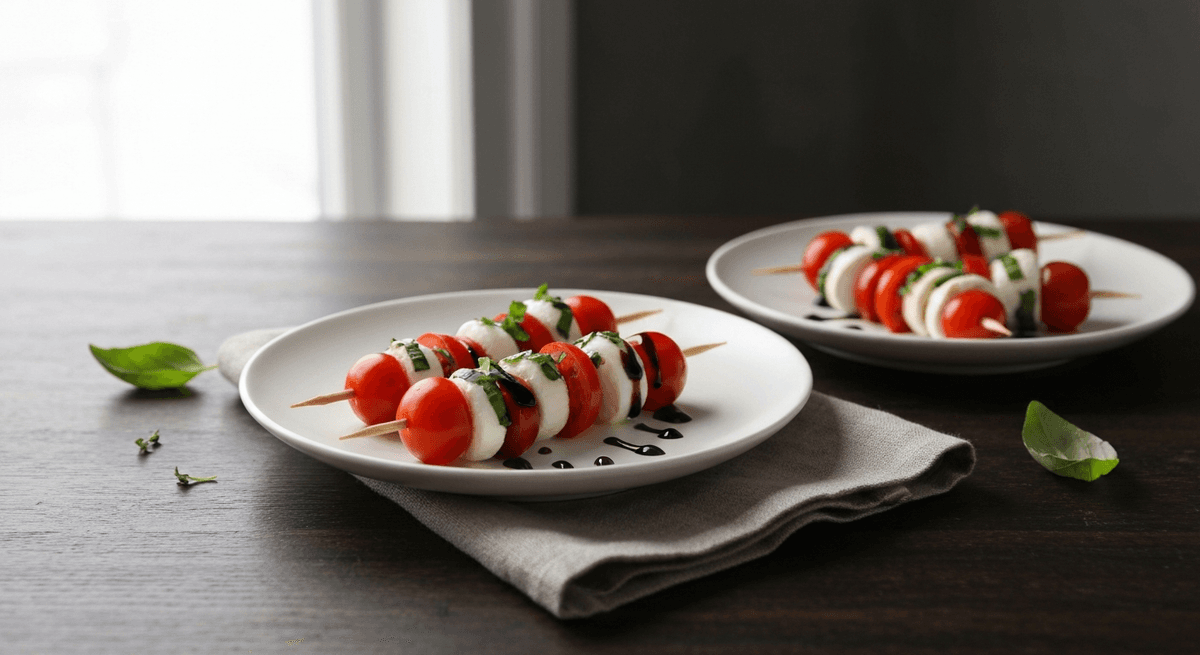 Caprese Skewers with Balsamic Glaze: Fresh mozzarella, juicy tomatoes, and fragrant basil meet sweet balsamic glaze in these elegant skewers. Easy to make, impossible to resist!