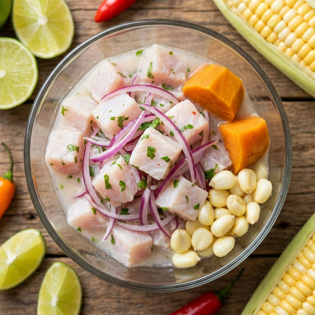 Ceviche (Peruvian Style): "Cooking" fish in lime juice milk. No heat.