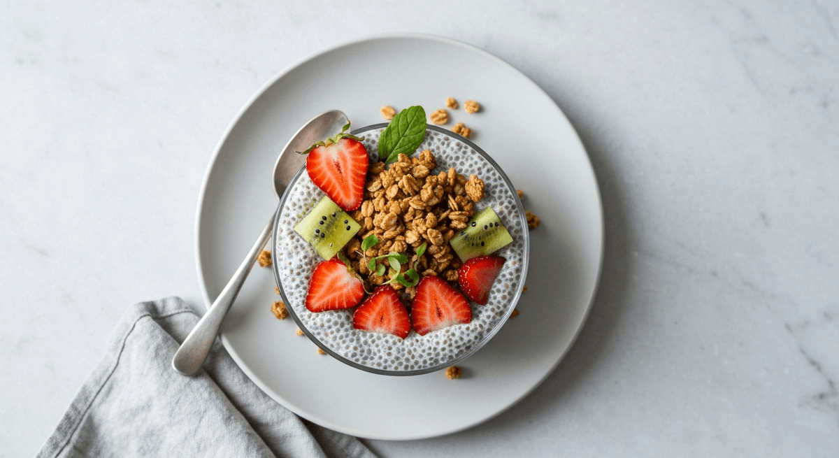 A delightful make-ahead breakfast or dessert featuring creamy chia pudding, fresh fruit, and crunchy granola. It's a symphony of textures and flavors in every bite.