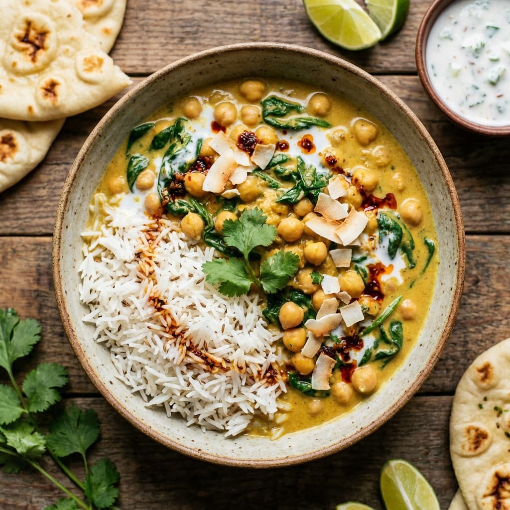 Bowl of chickpea spinach coconut curry with lime wedges