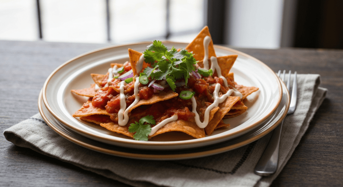 Transform stale tortillas into a vibrant Mexican breakfast. Crispy chips simmered in tangy salsa, topped with your favorite fixings.