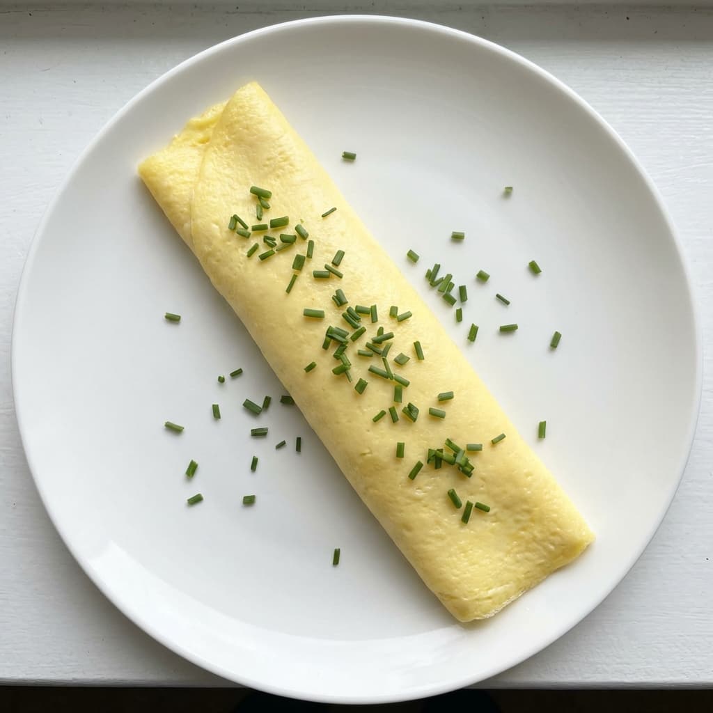 Pale yellow rolled French omelette on a white plate with fresh chives