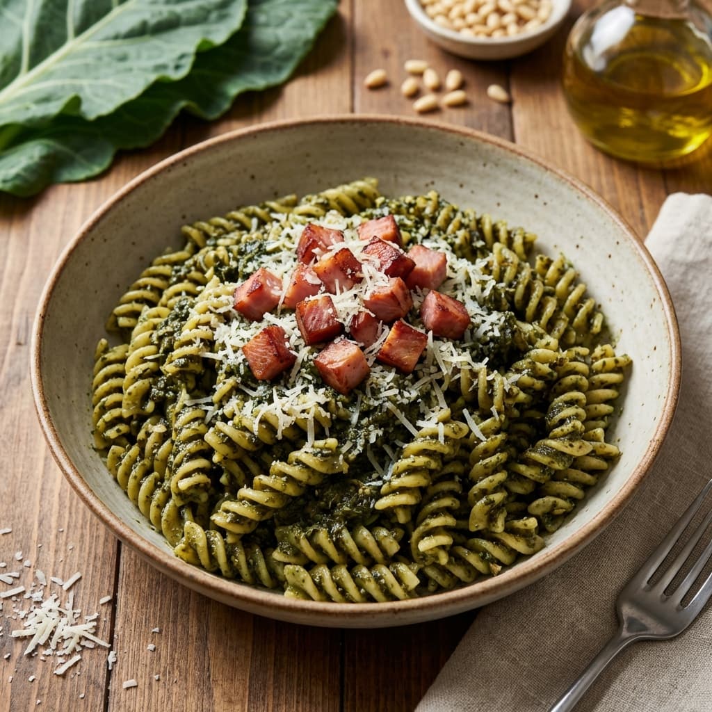 Collard Pesto Pasta with Crispy Smoked Turkey: Greens as sauce, and smoky crunch as the topping.