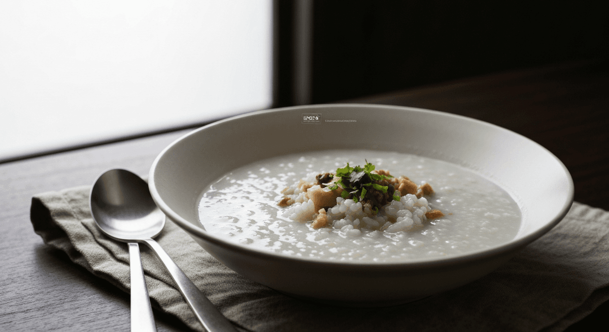 Congee — Silky Rice Porridge: Experience the ultimate comfort food with this silky smooth rice porridge. Customize with your favorite savory toppings for a nourishing and satisfying meal.