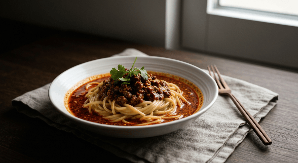 Dan Dan Noodles — Spicy Sesame: Fiery Sichuan street food, now in your kitchen. Experience the creamy, spicy, savory symphony of authentic Dan Dan Noodles.