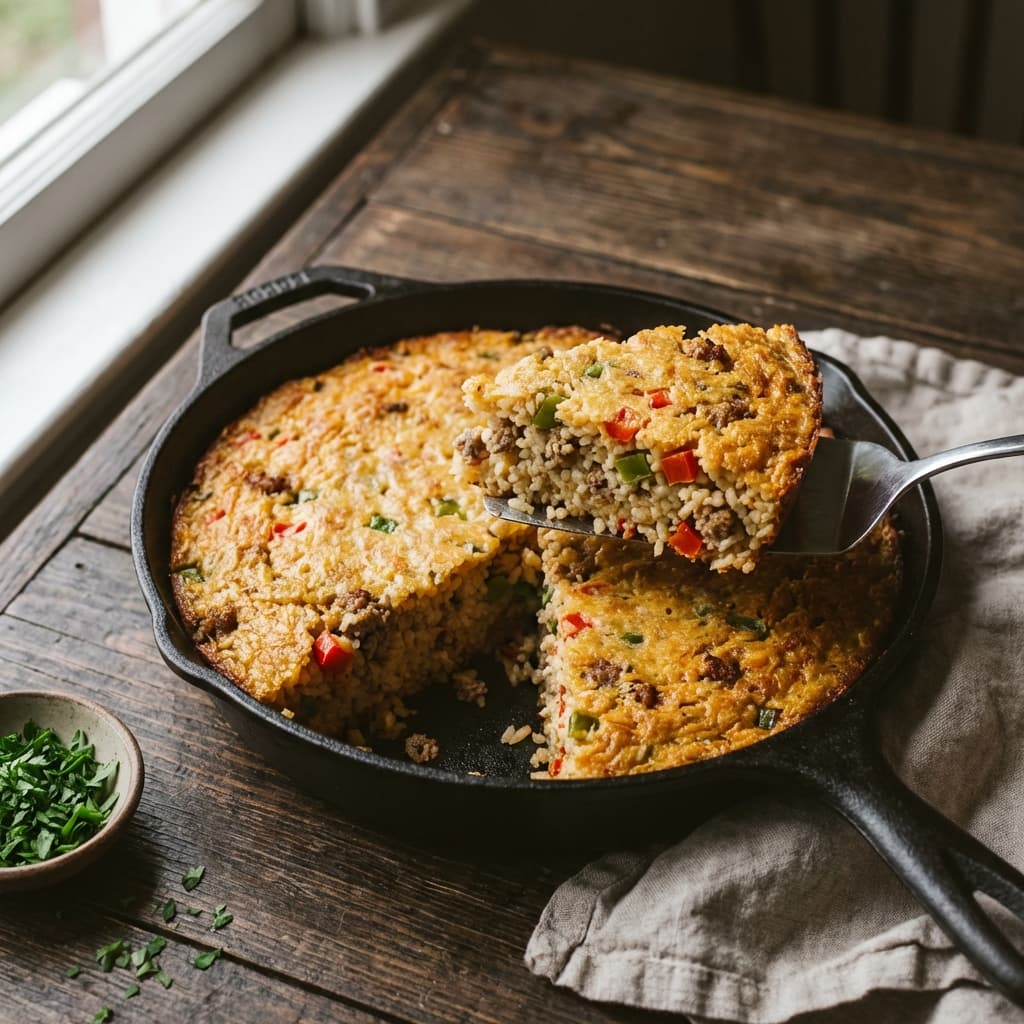 Dirty Rice Crispy Skillet Cake (Sliceable)