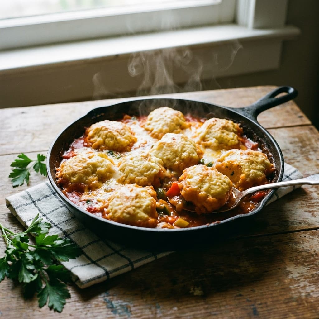 Baked dumplings in a creamy savory sauce with scallions and wilted greens