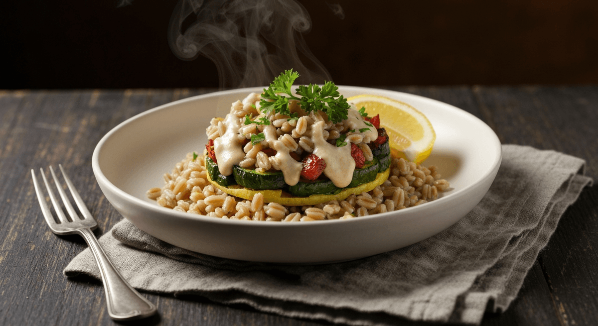 Farro bowl topped with roasted vegetables and drizzled tahini-lemon sauce