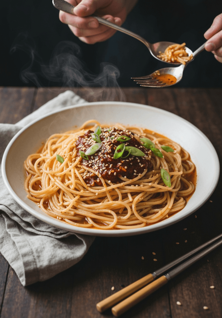 Spaghetti meets Korean fermentation. 10 minutes to glory.