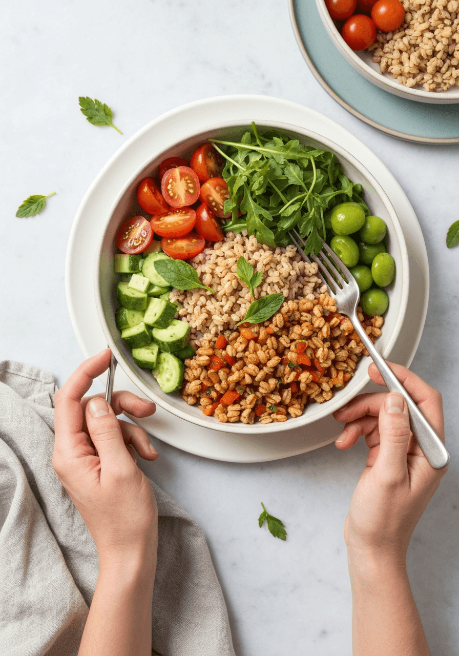 A vibrant and healthy Mediterranean grain bowl bursting with fresh flavors and textures. Perfect for a quick and satisfying meal.