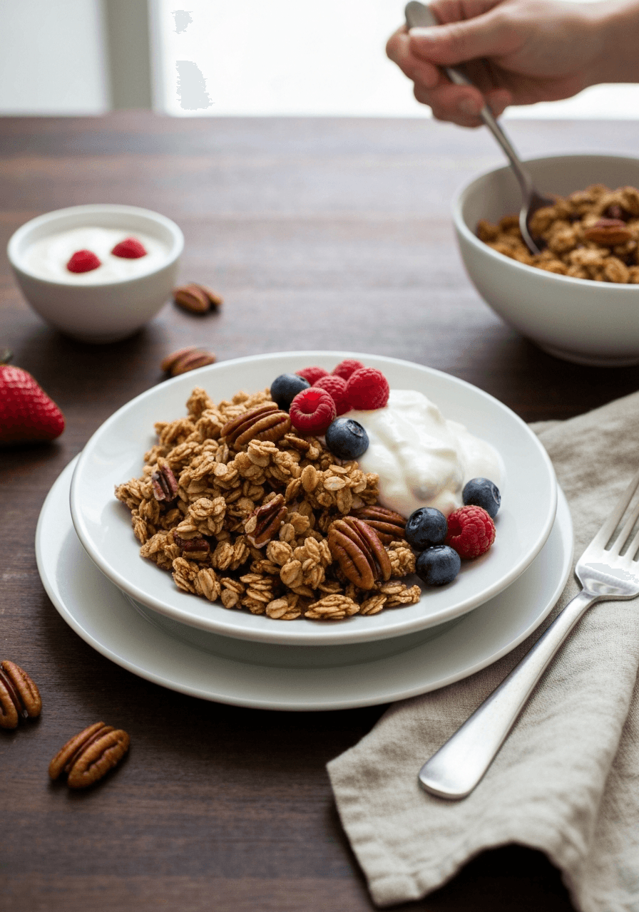 Crunchy clusters, toasted pecans, and a touch of maple syrup. This granola is perfectly balanced and not too sweet.