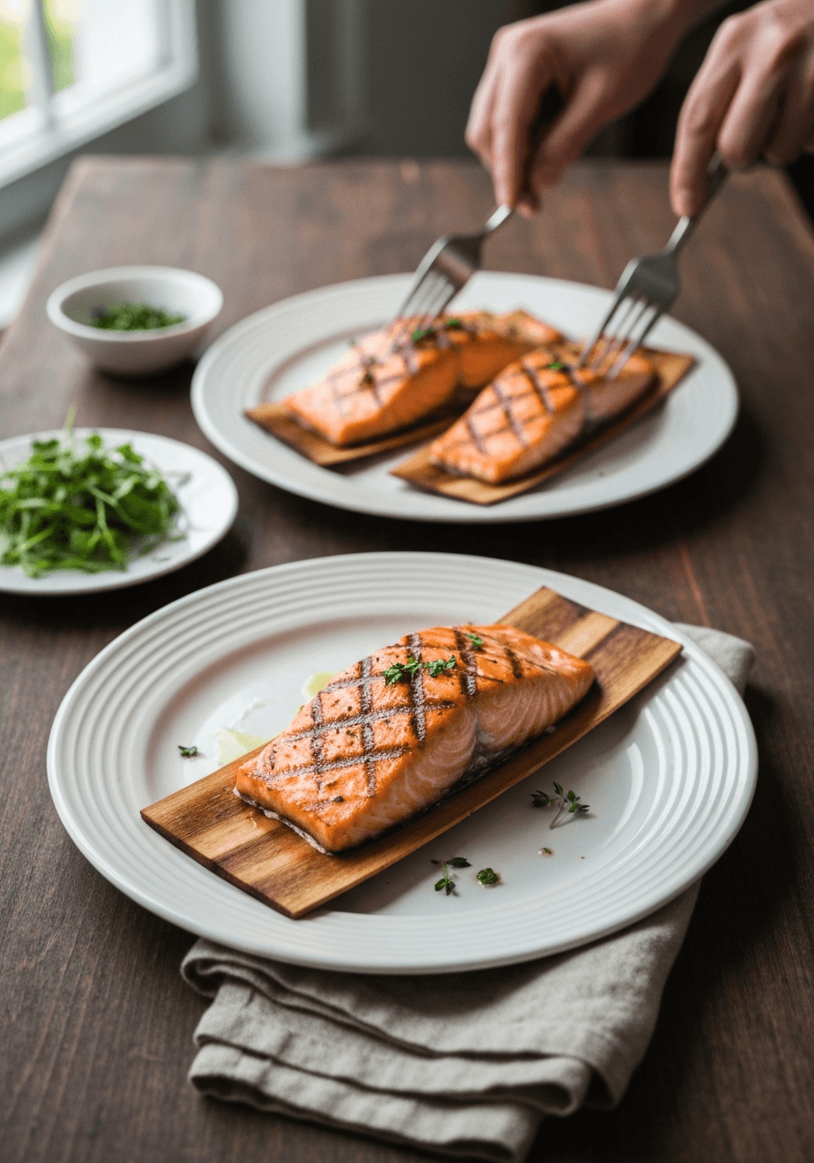 Grilled Salmon — Cedar Plank Style: Infuse salmon with smoky cedar flavor using a simple grilling technique. Impress guests with this easy, flavorful dish.