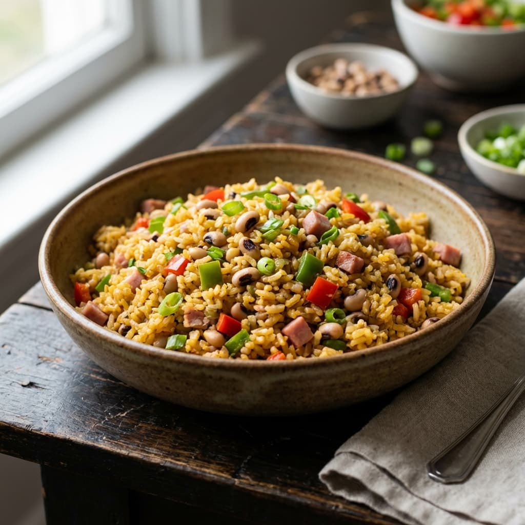 Hoppin’ John Fried Rice (Leftover Rice Glow-Up): Black-eyed peas meet fried rice, and it makes ridiculous sense.