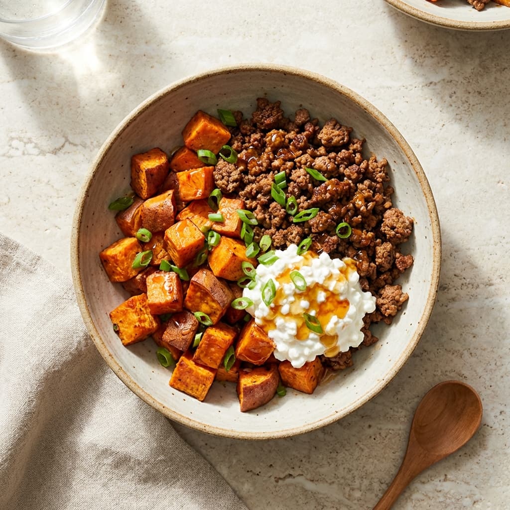 Hot Honey Cottage Cheese Sweet Potato Beef Bowl