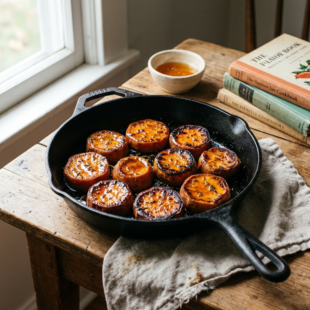 Caramelized melting sweet potato rounds glazed with hot honey in a skillet