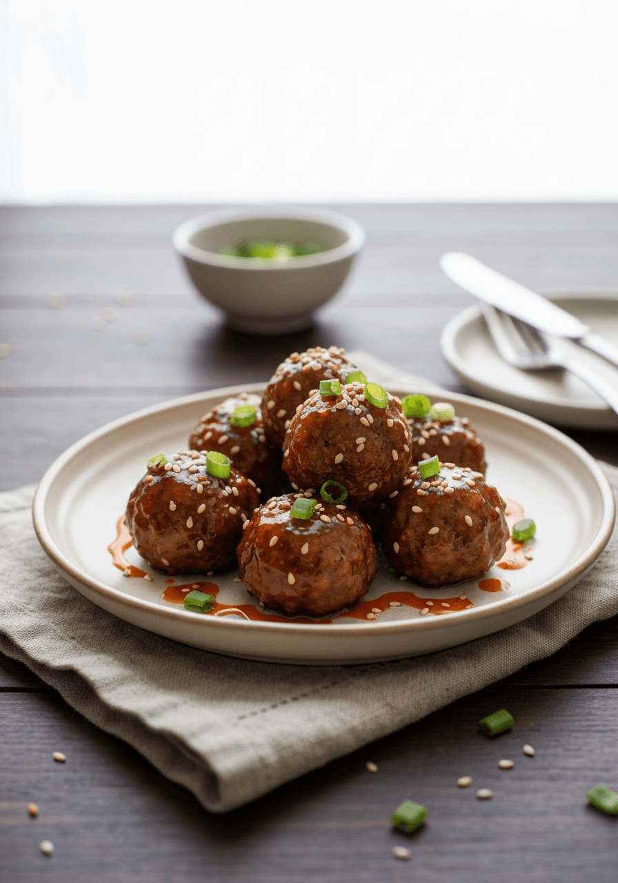 Korean BBQ-Style Meatballs: Ritz crackers in the meat, sugar glaze on top. Sticky perfection.