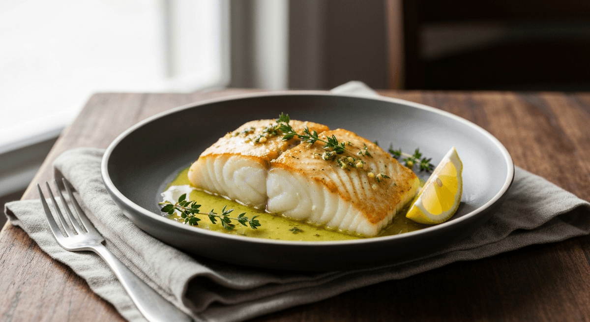 Roasted cod fillets with lemon slices and garlic on a sheet pan