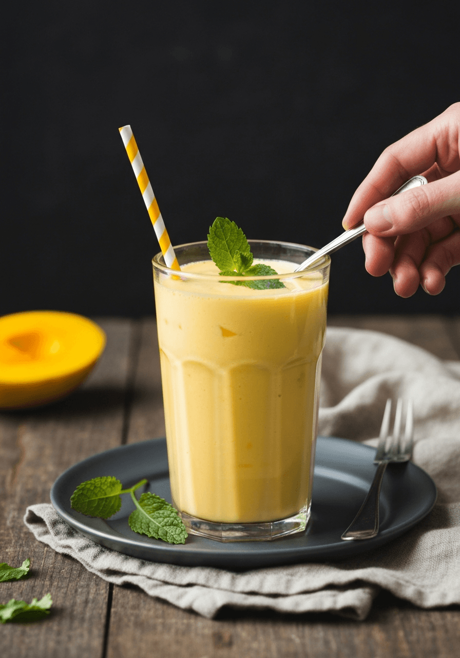 Cool off with this classic Indian Mango Lassi. The creamy texture and tropical flavors make it a perfect treat any time of day.