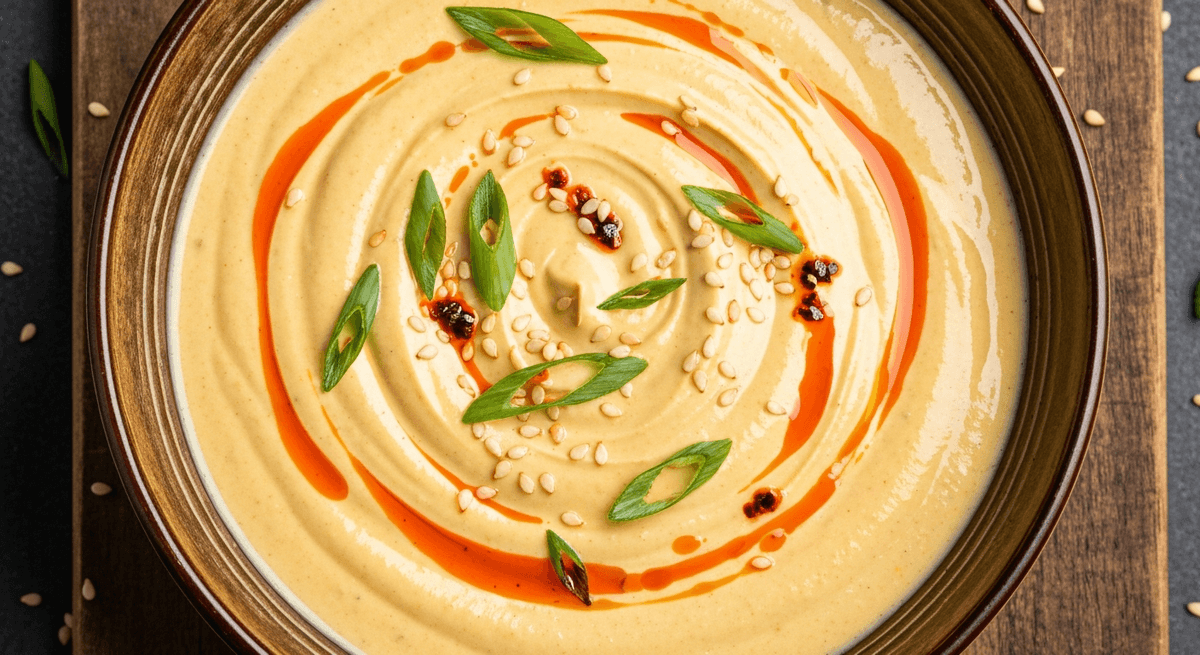 A bowl of creamy miso tahini sauce with sesame seeds