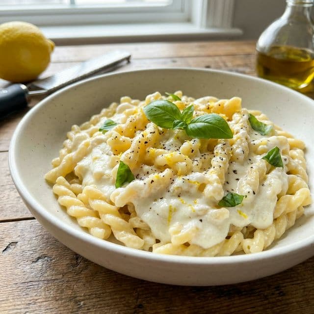 Gemelli pasta coated in a glossy, thick white ricotta and lemon zest sauce in a minimalist white bowl.