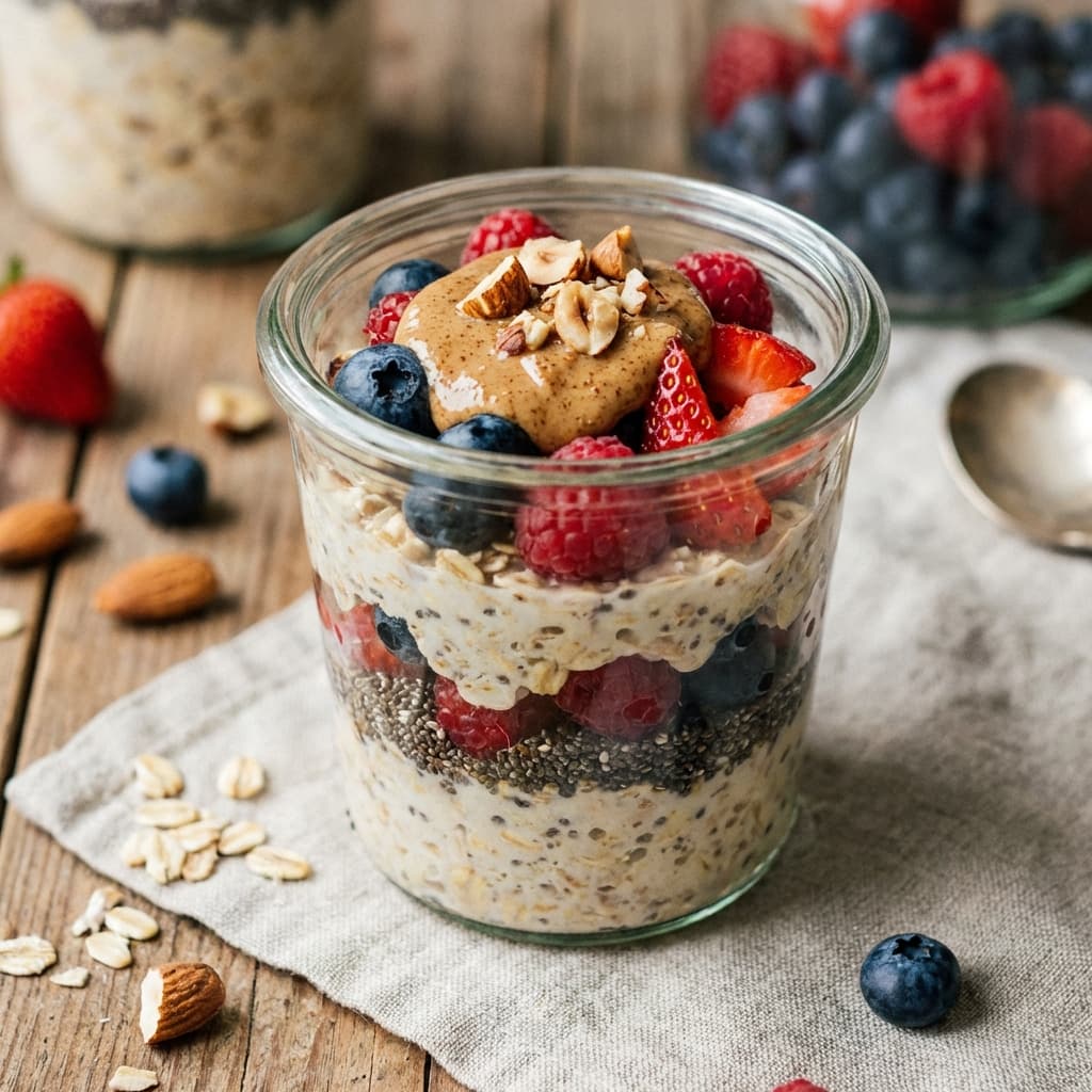 Jar of overnight oats topped with berries and nuts