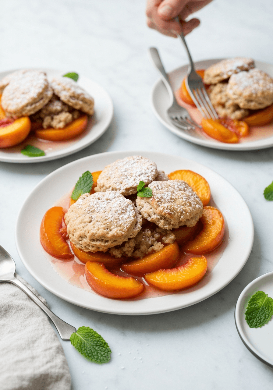 Peach Cobbler (Brown Butter Biscuit Topping): Summer peaches swimming in their own syrup, crowned by nutty brown-butter biscuits that shatter on contact.
