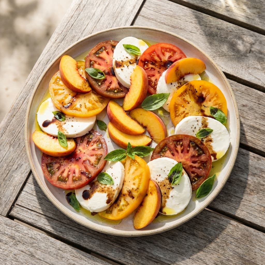 Peach + Pepper Vinegar Caprese (Yes, Really): Tomato-mozz-peach with vinegar heat that makes it sing.