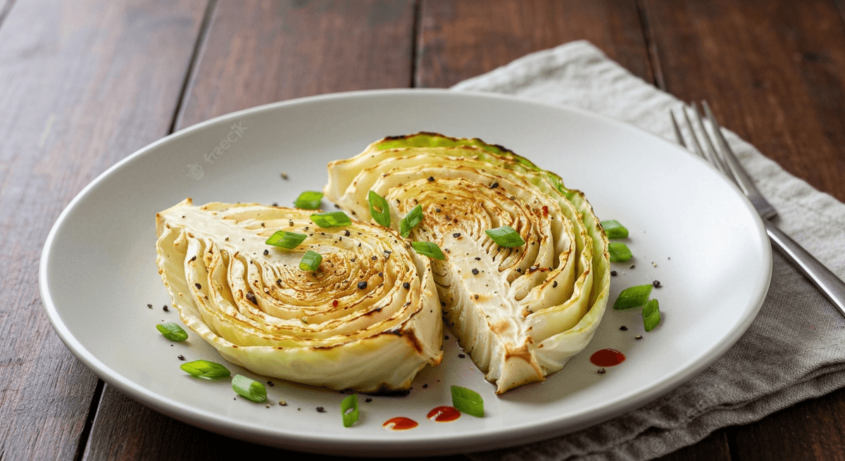 Roasted cabbage steaks with browned edges on a sheet pan
