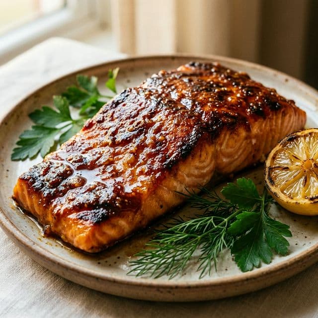 Plated roasted salmon fillet with a thick, glossy, dark-brown caramelized sugar and mustard crust, served with a charred lemon.