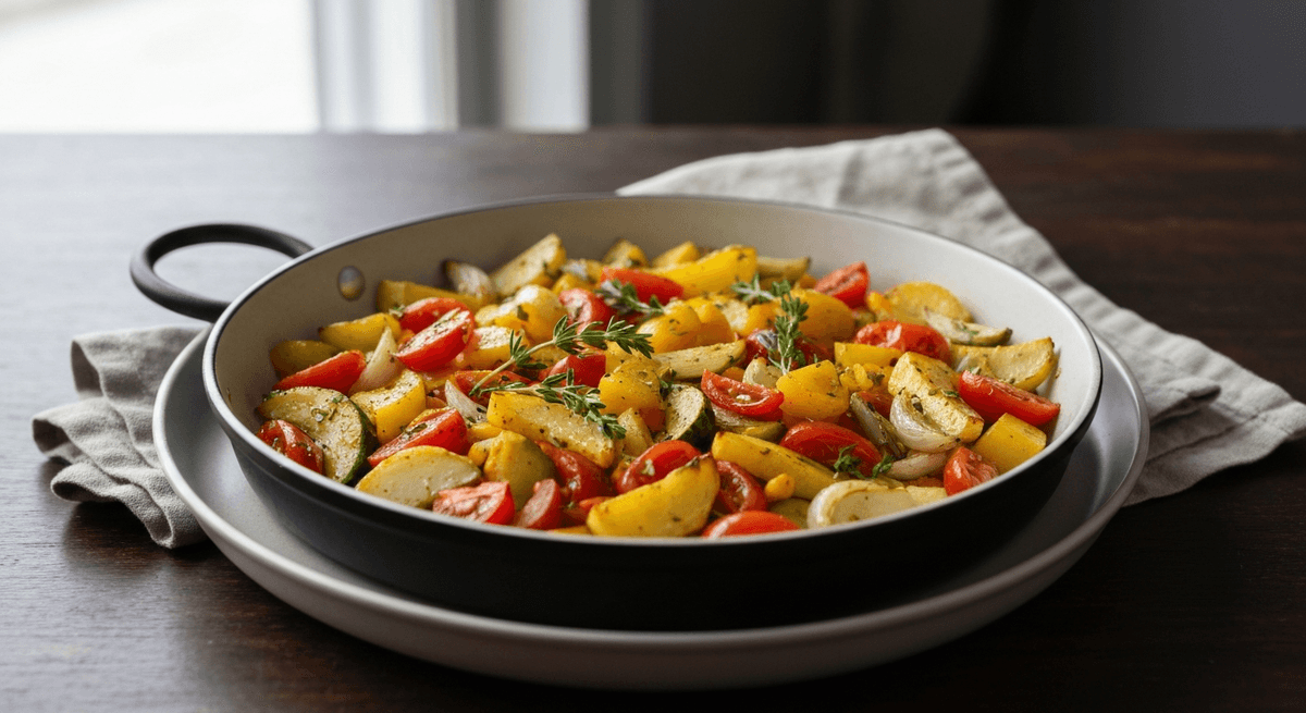 A sheet pan of mixed vegetables with a simple timing guide concept