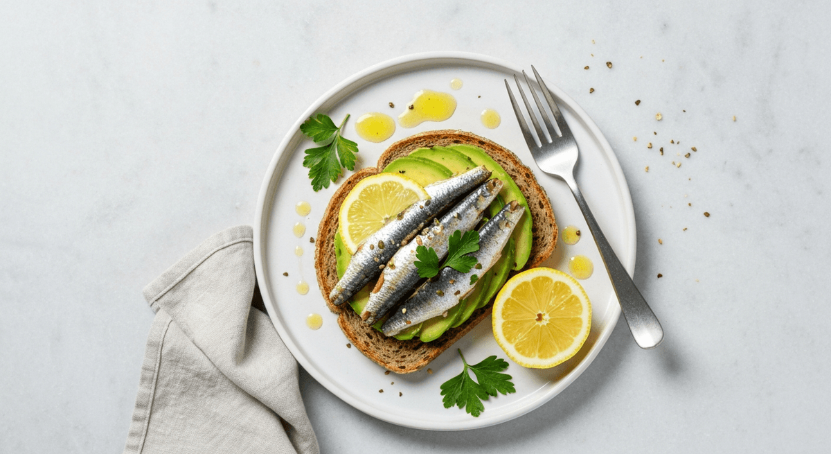 Whole-grain avocado toast topped with sardines and lemon zest