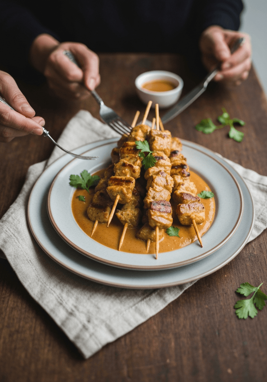 Tender grilled skewers meet rich, creamy peanut sauce in this Southeast Asian-inspired dish. The coconut milk marinade ensures every bite is succulent and flavorful.
