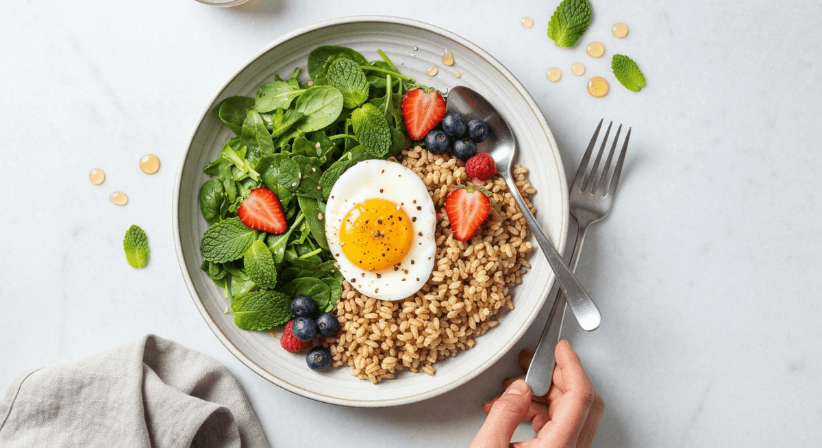 A bowl of brown rice topped with sauteed greens and a soft egg