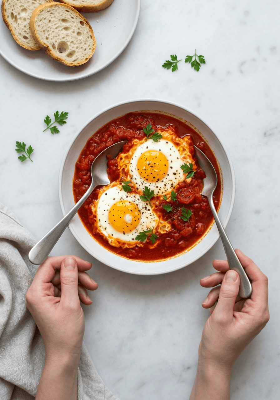 Shakshuka: Eggs poached in spicy tomato purgatory. Bread required.