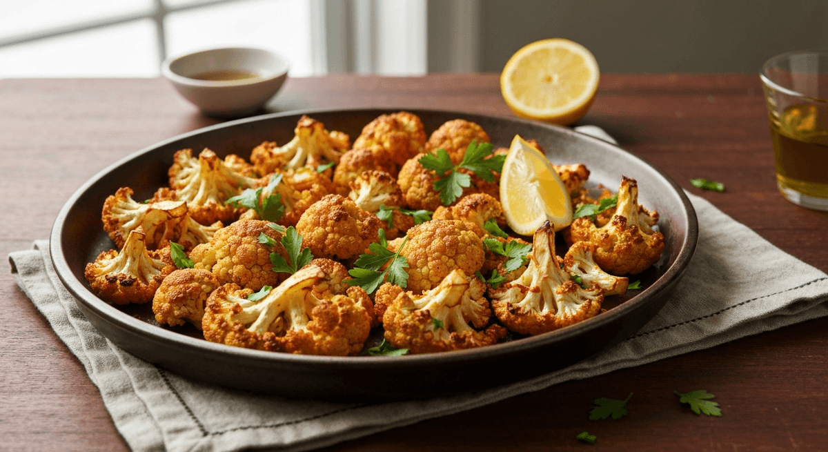 Roasted cauliflower florets with shawarma spices and lemon wedges on a sheet pan