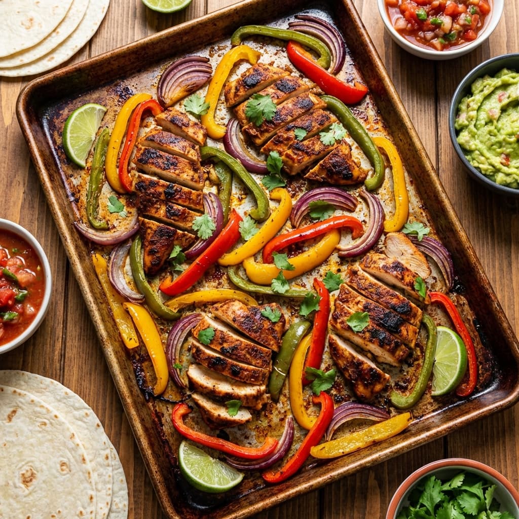 Sheet pan chicken fajitas with browned peppers and onions and lime wedges