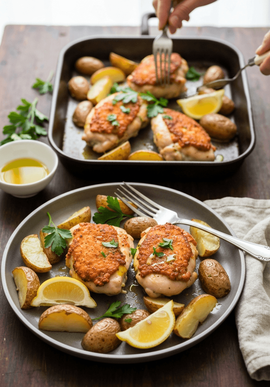 Schmaltz-roasted potatoes and crispy chicken. One pan.