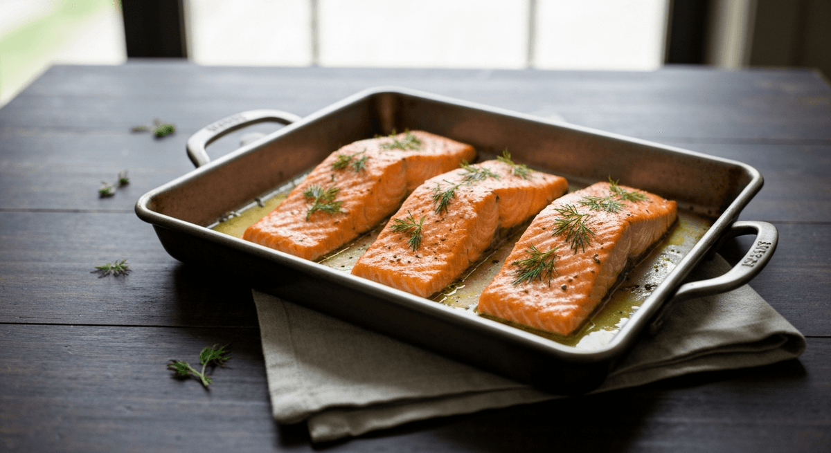 Roasted salmon fillets on a sheet pan with lemon slices and dill