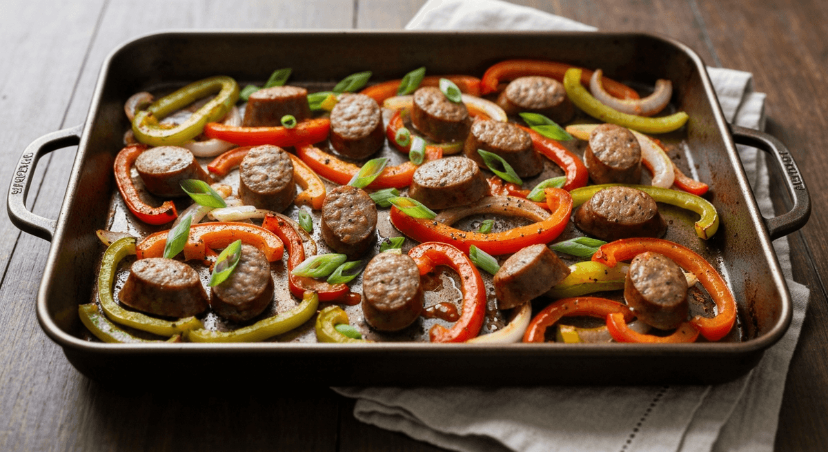 Sheet pan with browned sausage, roasted peppers, and onions