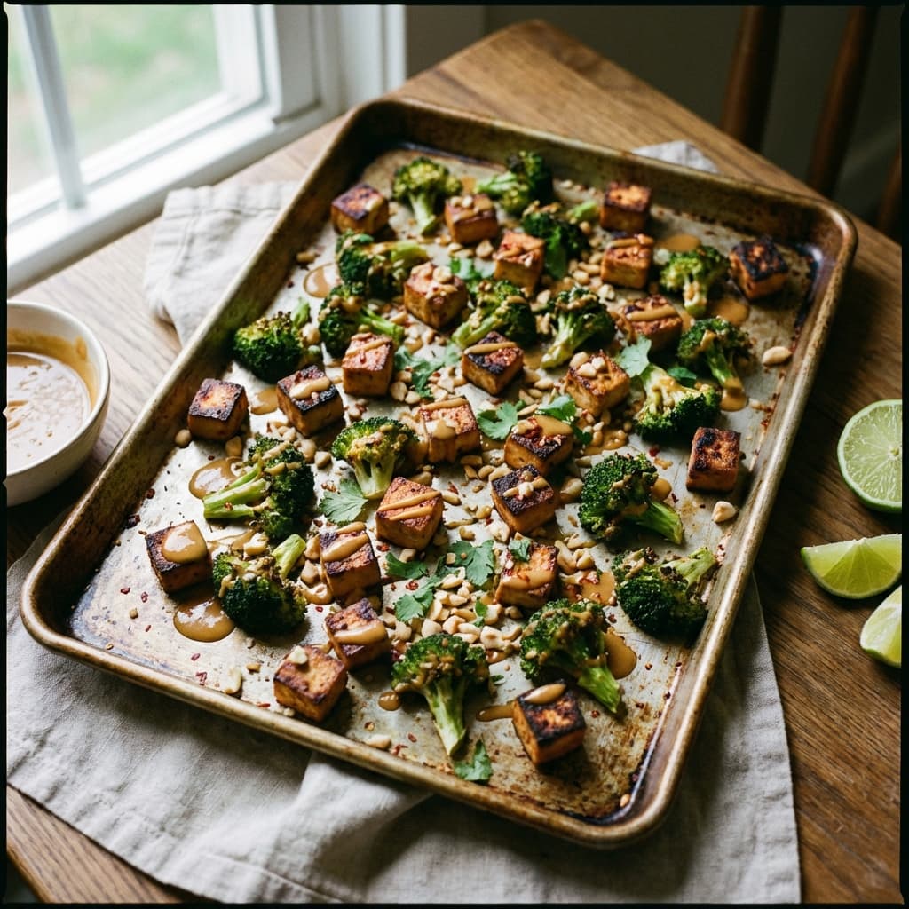 Sheet Pan Tofu + Broccoli (Peanut-Lime Drizzle)